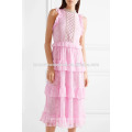 Новая мода без рукавов Раффлед слоистых розовый нейлона-Миди, летние платья Производство Оптовая продажа женской одежды (TA0255D)